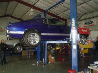 Car had the automatic transmission removed and the new modern Tremec 5 Speed transmission installed from Ford Racing, Keisler and Stang-Aholics