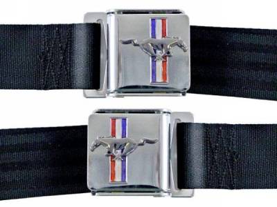 Scott Drake - 1964 - 1973 Mustang  Seat Belt Set with Mustang Emblem (Black, Pair)