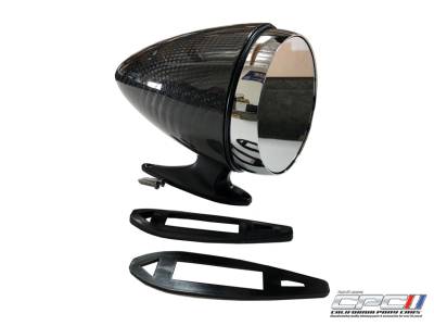 California Pony Cars - 65 - 67 Mustang Drivers Rotunda Style Bullet Mirror, Carbon Fiber Finish, Flat Glass