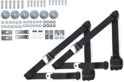 65-73 Mustang Retro 3 Point Shoulder Belts with Hardware, Shown in Black, Aviation Style Buckle