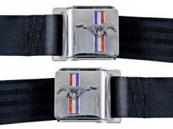 Scott Drake - 1964 - 1973 Mustang  Seat Belt Set with Mustang Emblem (Aqua, Pair) - Image 1