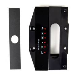 Top view of the FM‑BC007C center console shift plate assembly for a 1964–1966 Ford Mustang automatic, featuring black ‘camera‑case’ textured finish