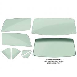 67-68 Mustang Coupe Complete Window Glass Set, Stock Green Tint