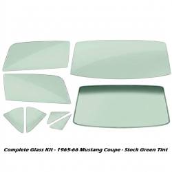 65-66 Mustang Coupe Complete Window Glass Set, Stock Green Tint